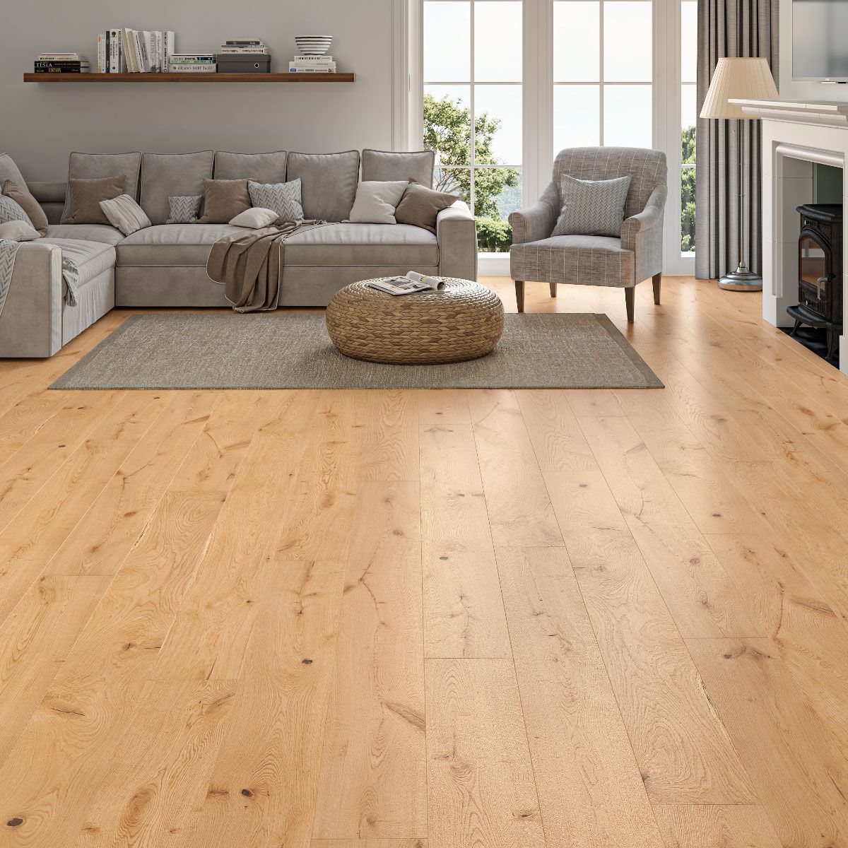 Flooring Hut Burleigh Wood 190 x 14/3mm Full Planks Natural Smooth Lacquered Rustic Oak T&G