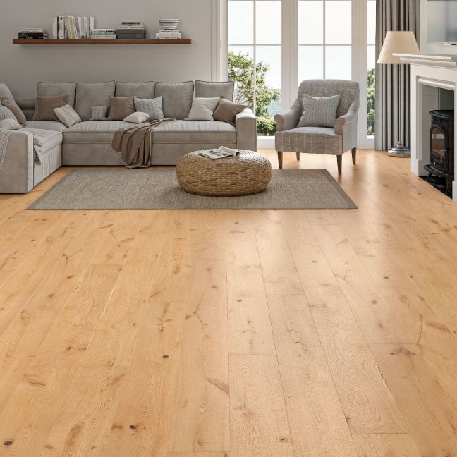 Flooring Hut Burleigh Wood 190 x 14/3mm Full Planks Natural Smooth Lacquered Rustic Oak T&G